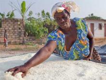 Une femme rurale prépare sa marchandise pour la vendre à Assouba, en Côte d'Ivoire. Photo ONU/Patricia Esteve